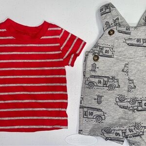 Carters: Baby/Infant Red Firetruck Striped Shirt/Gray Overall Outfit (3 Months)